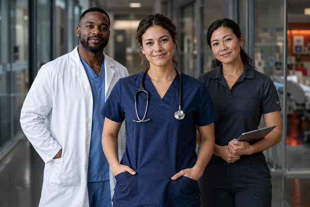 Tekcel Healthcare Staffing team - doctor, nurse and administrator in a hospital hallway