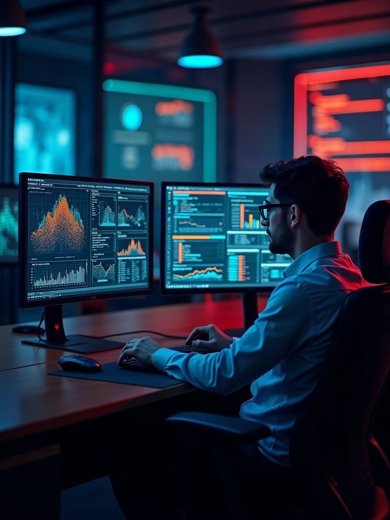 Data analyst reviewing AI-driven analytics dashboards